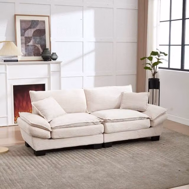 Direct Wicker Modern Oversized 2 Seater Loveseat Couch, Beige Upholstered Rattan Sofa with Scatter Cushions