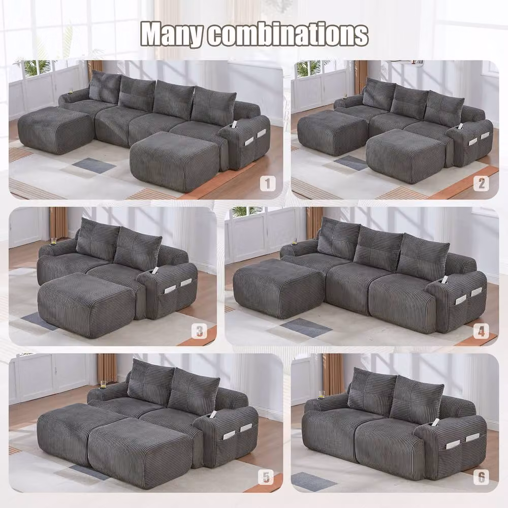 Matteo Modular 2-Seater Corduroy Sofa in Grey with Matching Ottoman and Cup Holders – 5
