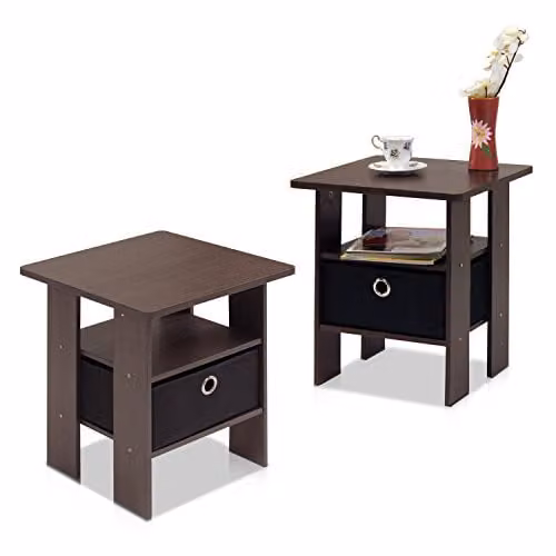 Furinno Andrey Set of 2 Side Tables with Open Shelves and Storage Bin, Dark Brown – 1