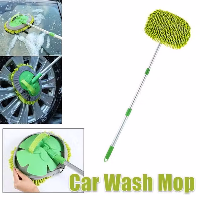 Kelvenix Green Adjustable Long Handle Telescopic Car Wash Brush Mop with Aluminium Telescopic Handle and Microfibre Refillable Head
