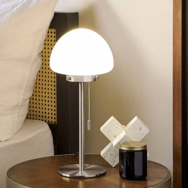 Wyld and Coco Modern Table Lamp with Silver Metal Base and White Glass Half Sphere Shade – 1