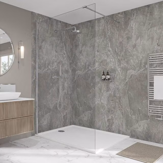 Wetwall Elite Double Post Formed Scafell Slate Shower Panel in Grey Stone Look