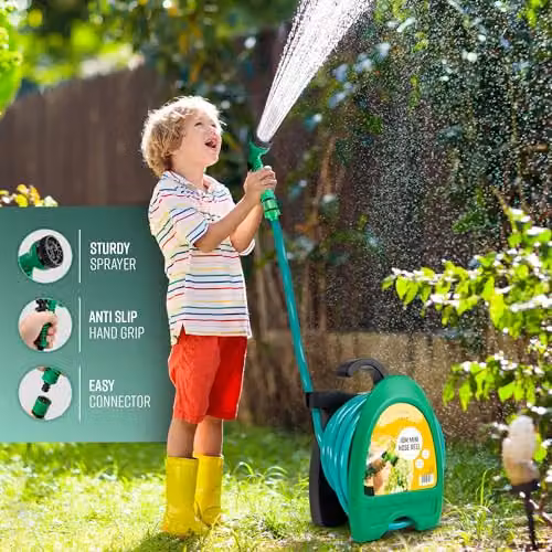 GloBrite Mini Wall-Mounted Hose Reel in Green with 10m Garden Hose Pipe, Spray Gun and Adjustable Nozzle – 5
