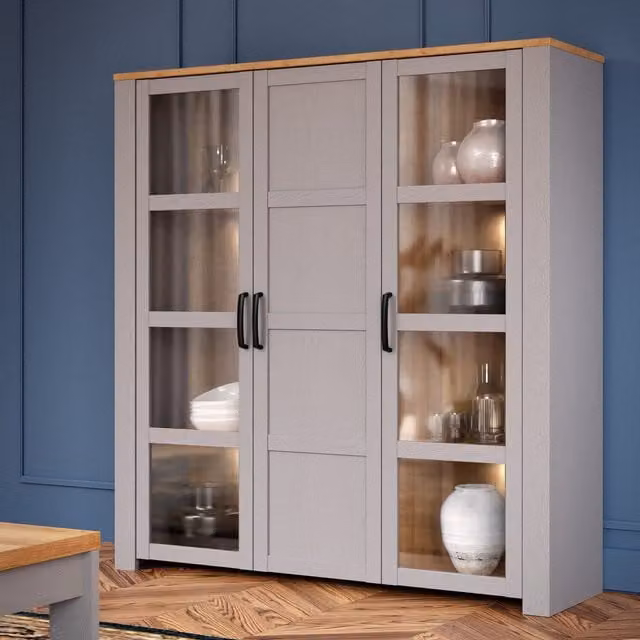 Furniture To Go Bohol Large Display Cabinet with LED Lights and Glass Doors in Grey and Black Rustic Riviera Oak Finish