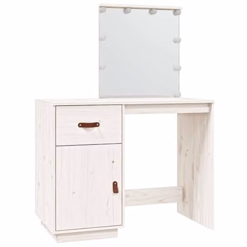 vidaXL White Solid Wood Pine Dressing Table with LED, W/D/H: 95 x 50 x 133.5 cm