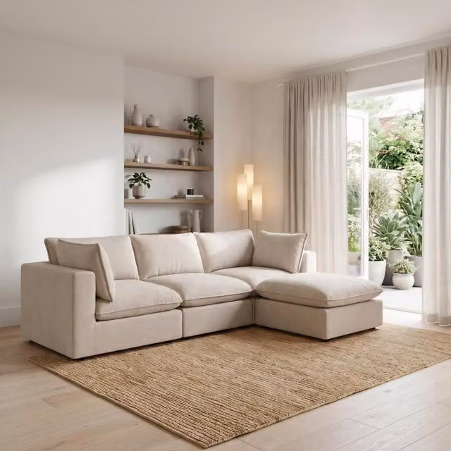 Furniturebox UK Echo Linen-Look Fabric 3 Seater Modular Chaise Sofa in Cream, Width: 179 cm