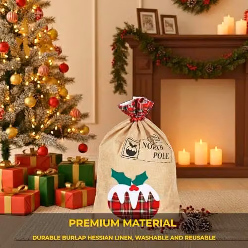 Shatchi Large Santa Sack Hanging Christmas Gift Bag in Brown and Beige, W/H: 70 x 50 cm – 4