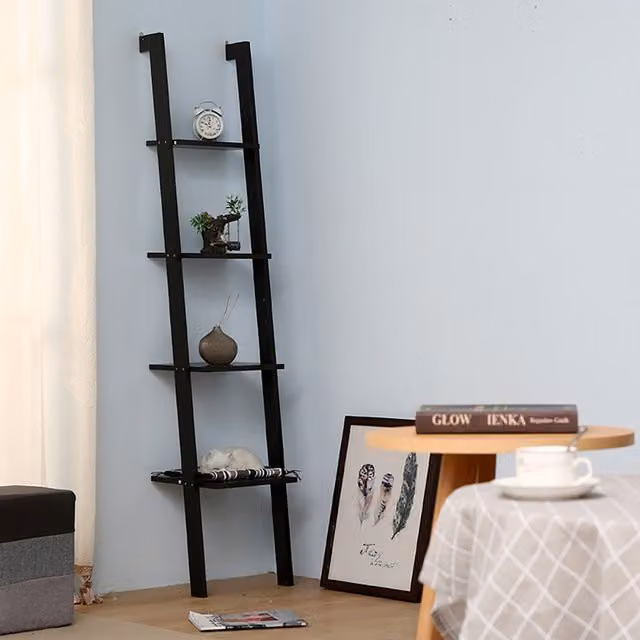 Livingandhome 4-Tier Rustic Wooden Wall Mounted Ladder Shelf in Black