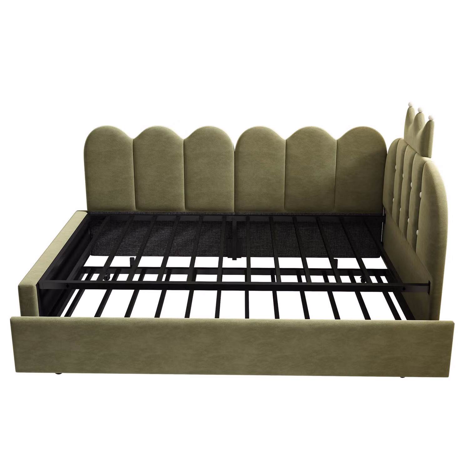 Aosom UK Green Velvet Upholstered Daybed with Pull-Out Trundle and Lattice Detail Crown-Headboard, W/D/H: 194 x 98 x 95 cm – 2