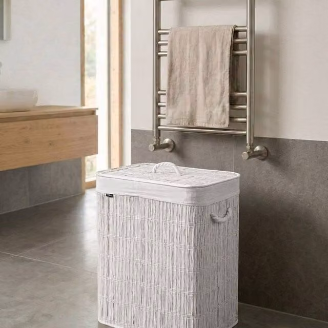 Wyld and Coco Foldable White Laundry Basket with Lid and Removable 2 Compartment Liner