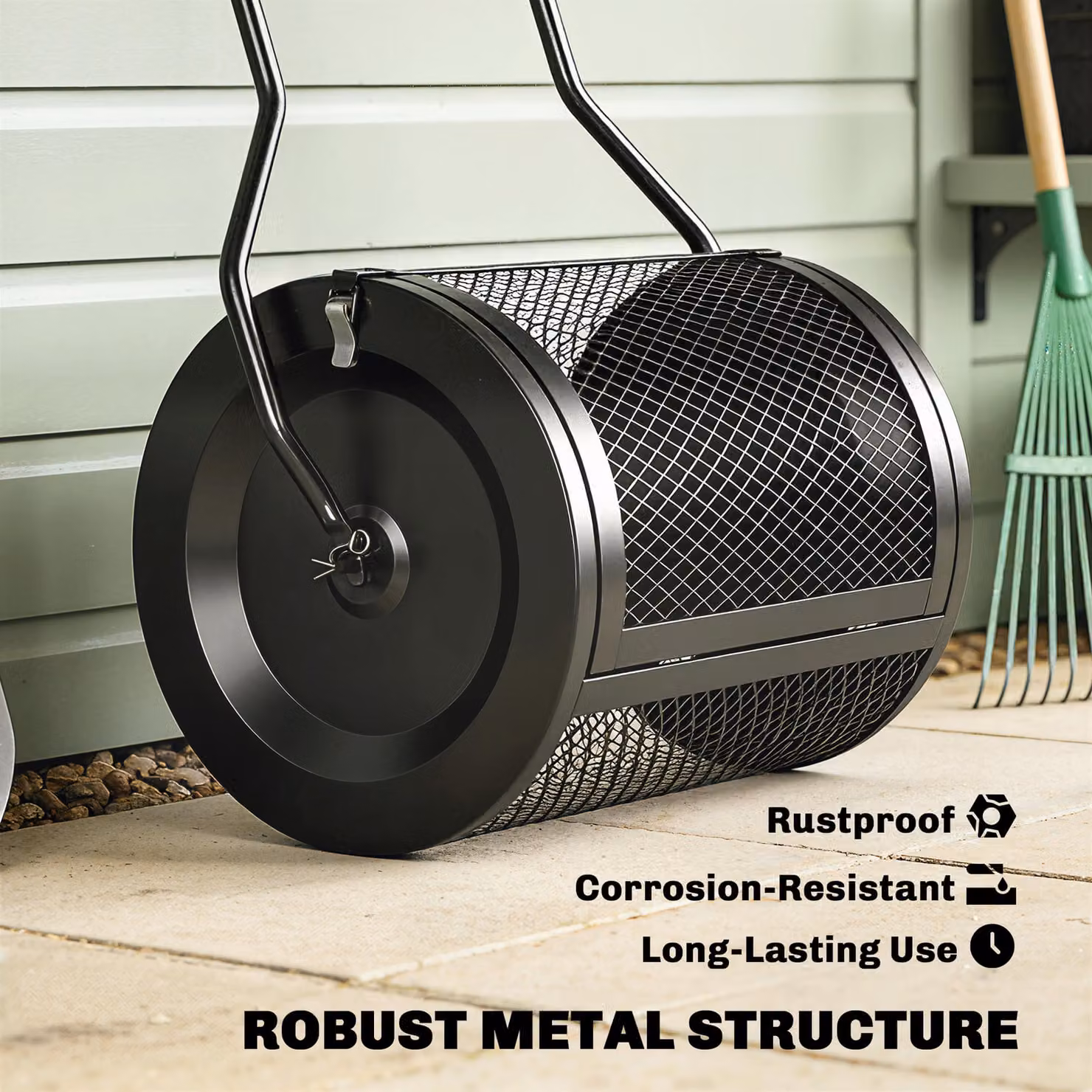 Outsunny Black Metal Compost Spreader with Detachable U-Shaped Handle and 20 Inch Peat Moss Basket – 7