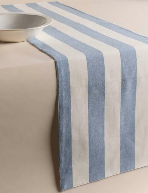 M&S Blue Maritime Striped Rectangular Table Runner in Cotton and Half Linen