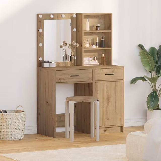 Berkfield Home 2 Piece Modern Hollywood LED Dressing Table Set in Brown Artisan Oak Engineered Wood