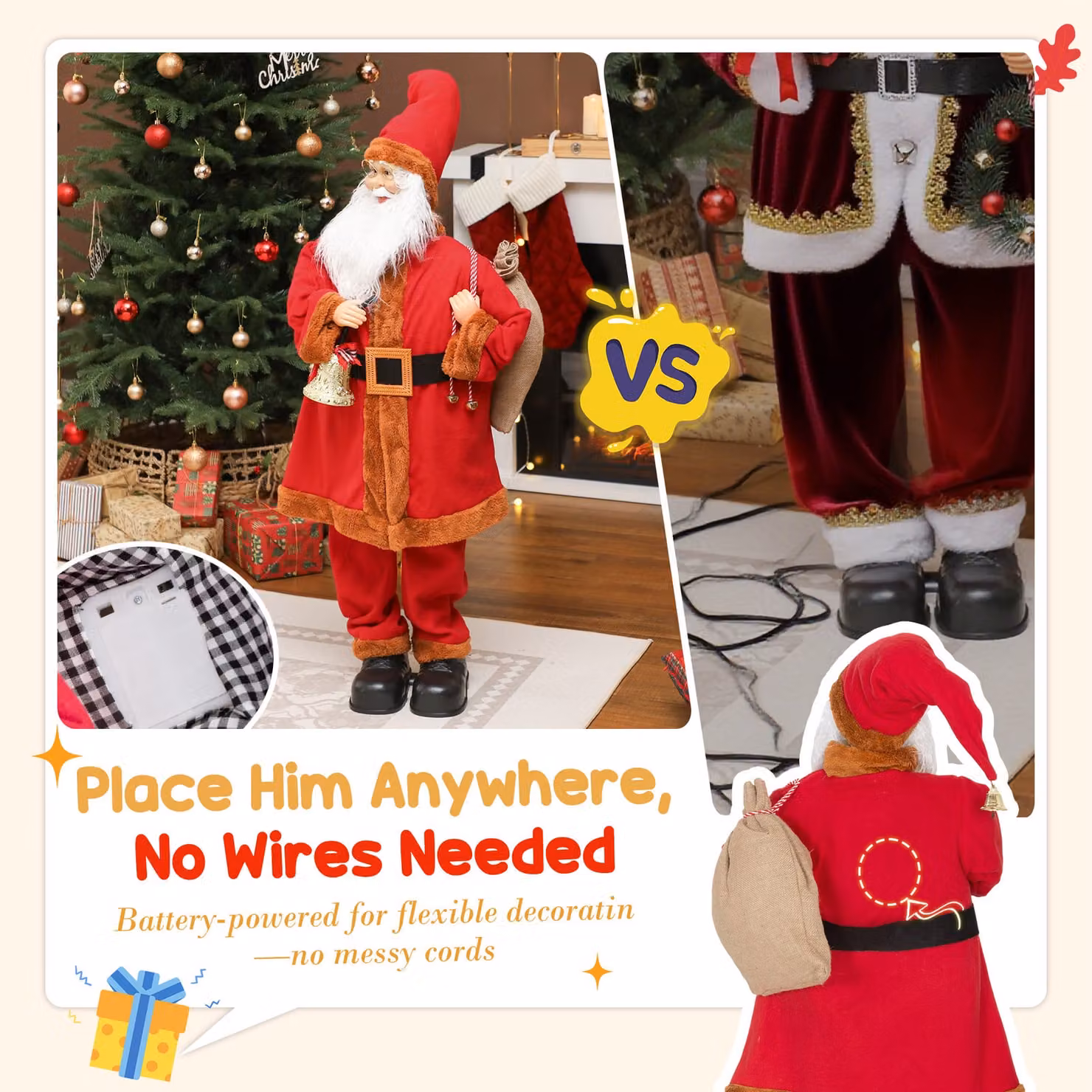 HOMCOM Singing and Dancing Santa Claus with Bell and Sack, Red and Multicolour Tabletop Christmas Decoration – 6