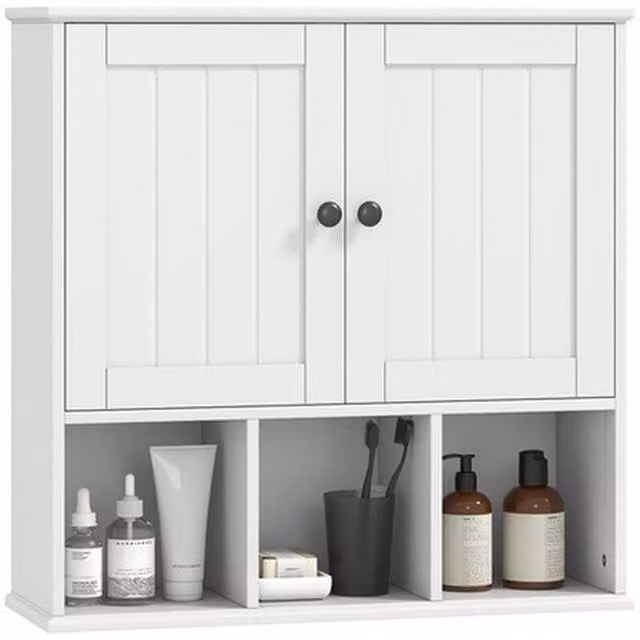 NESTLUNE White Matt Bathroom Wall Cabinet with Hinged Doors and Open Compartments
