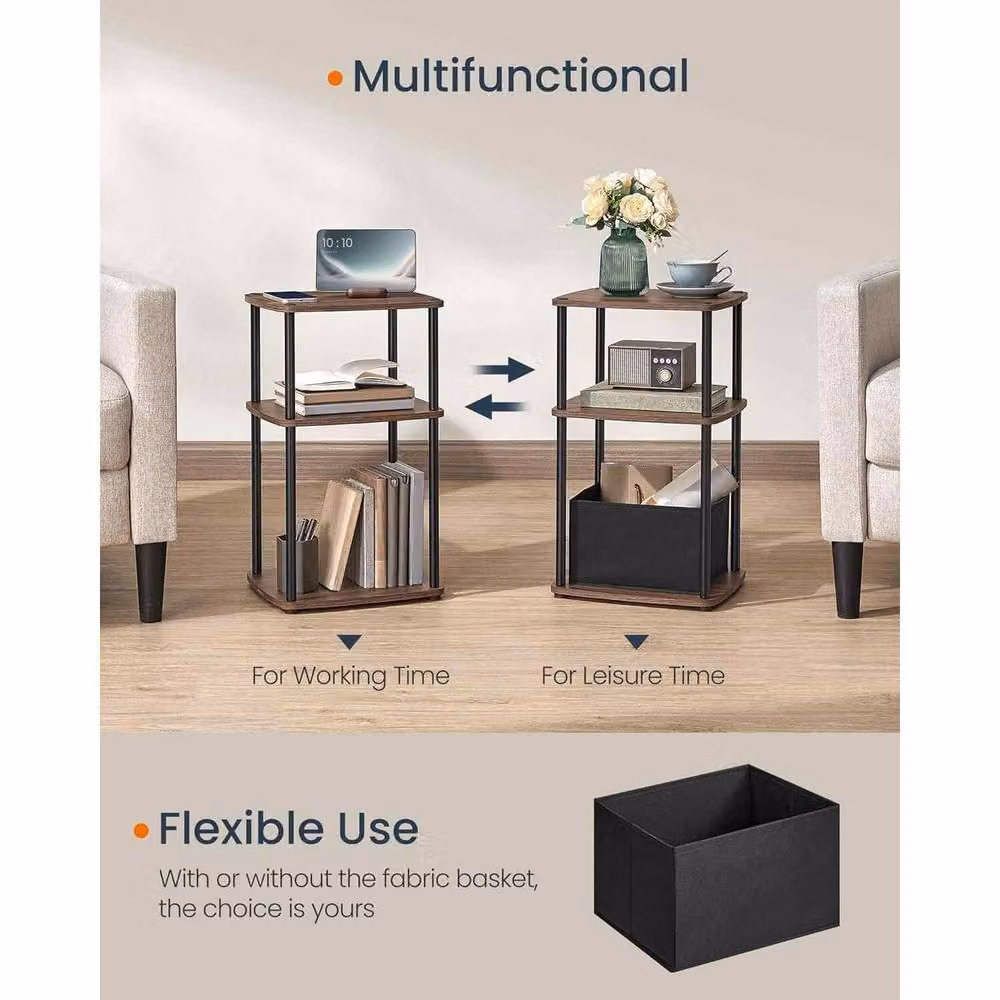 The Bazaarist 3 Tier Side Table with Fabric Basket in Walnut Brown – 3