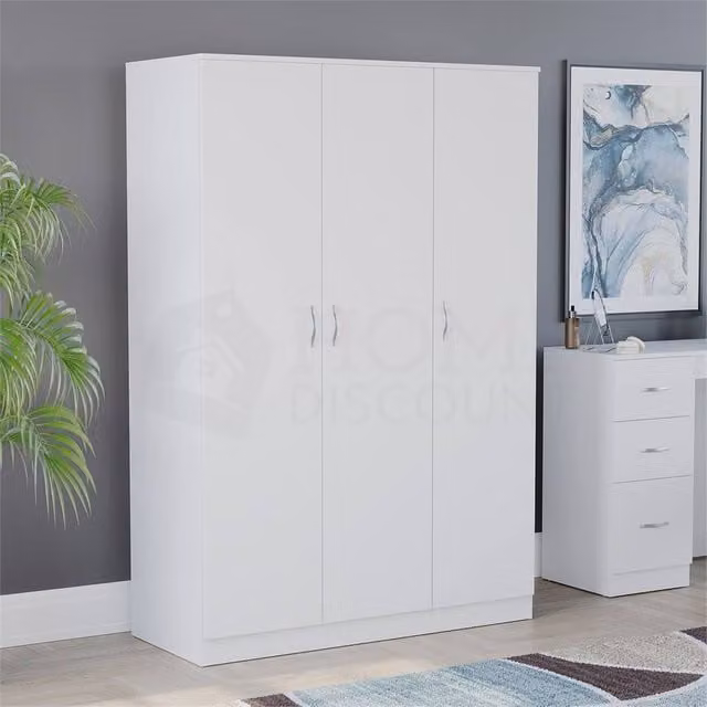 FORGEVIO White Modern 3 Door Wooden Wardrobe with Internal Shelves and Hanging Rod – 1