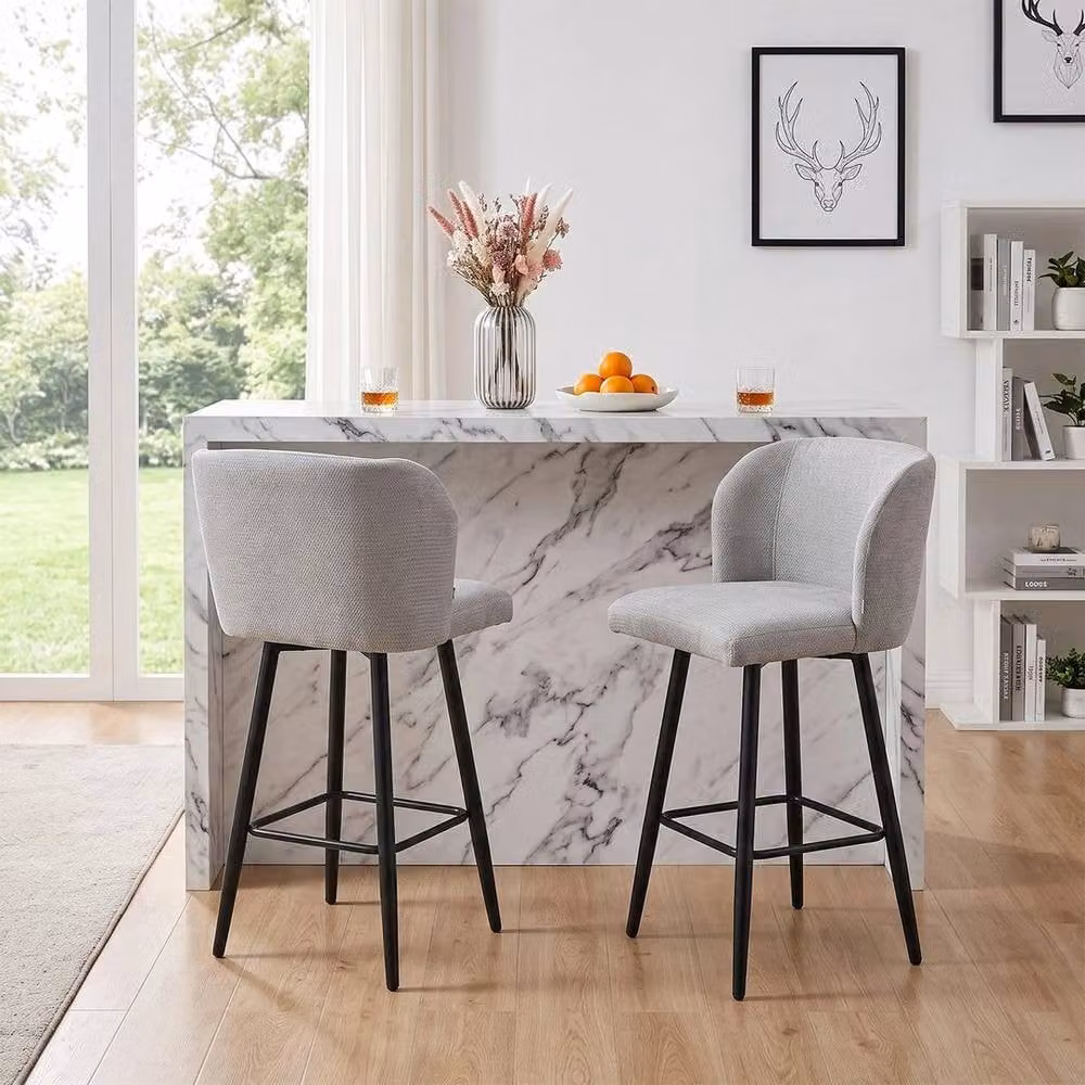 KORVIXA Set of 2 Grey Chenille Bar Stools with Backrest and Metal Legs – 4