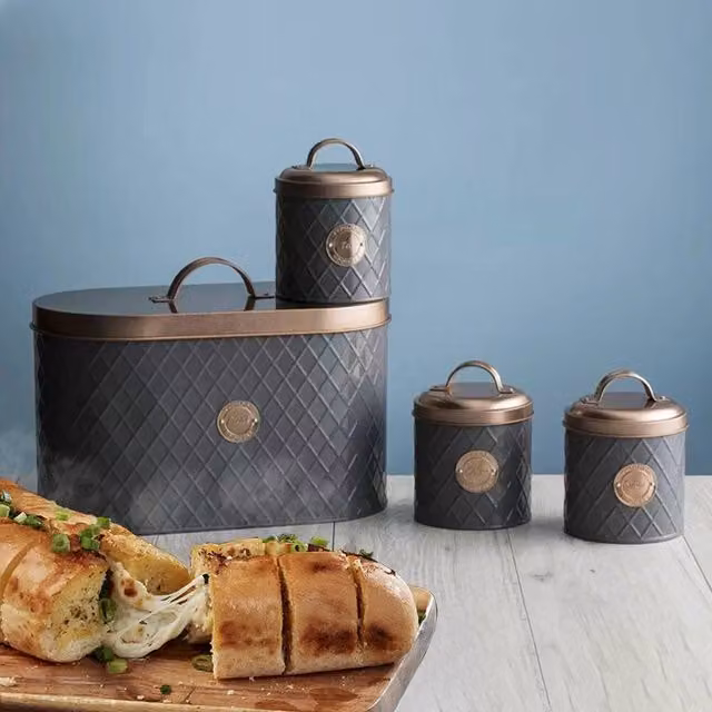 KORVIXA Grey and Copper Stainless Steel Airtight Kitchen Bread Bin Lid and Canister Set