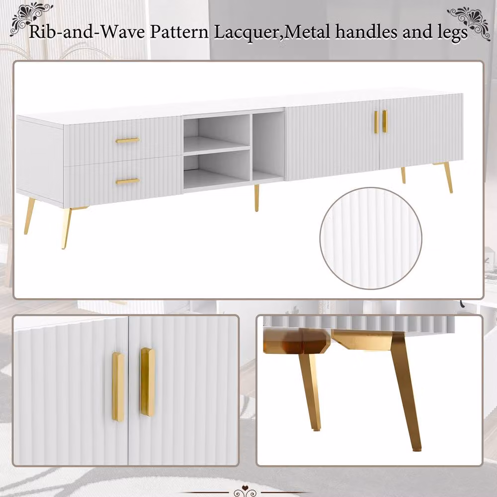 HomeTouch Modern White and Gold TV Unit Console Table with Media Compartments and Drawers – 5