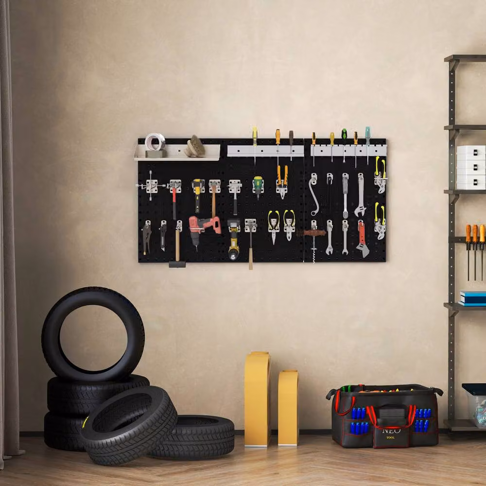 Gymax Wall-Mounted Metal Pegboard Tool Organizer Kit in Black with 28 Hanging Hooks – 3