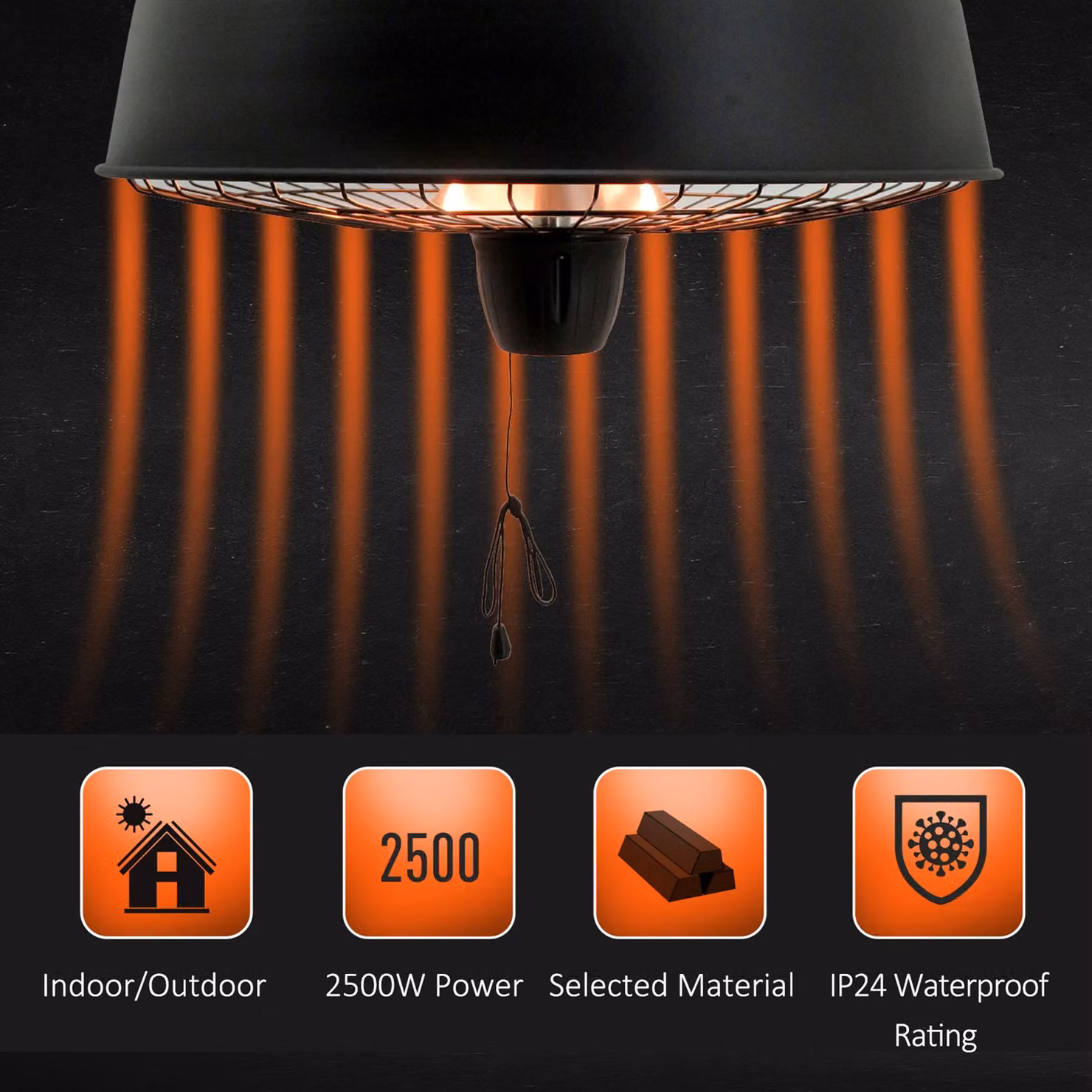 Outsunny Adjustable Infrared Halogen Electric Light Heater, 1000/2500W, Ceiling Hanging Mount, Black – 4