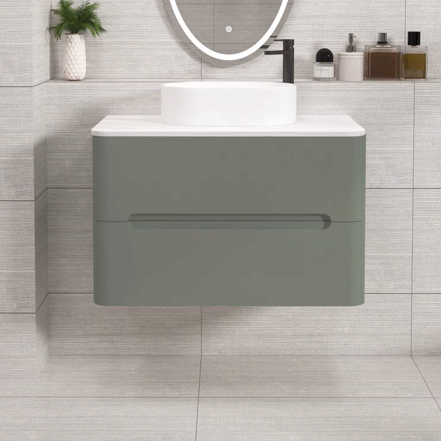 Royal Bathrooms Venice 800mm Sage Green Wall Hung 2 Drawer Vanity Unit with Peak Basin