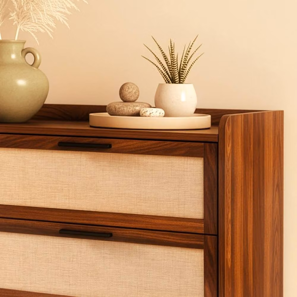 CALICOSY Jetson 6-Drawer Walnut Chest with Fabric Fronts in Dark Brown, Width: 120 cm – 4