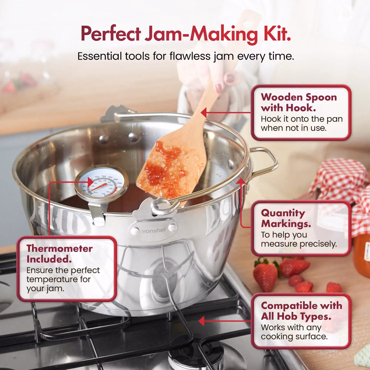 VonShef Jam Making Kit Starter Set in Silver, including 6 Glass Jars with Lids, Induction Hob Safe Maslin Pan, Thermometer and Spoon for Homemade Jams, Chutneys and Preserves – 2