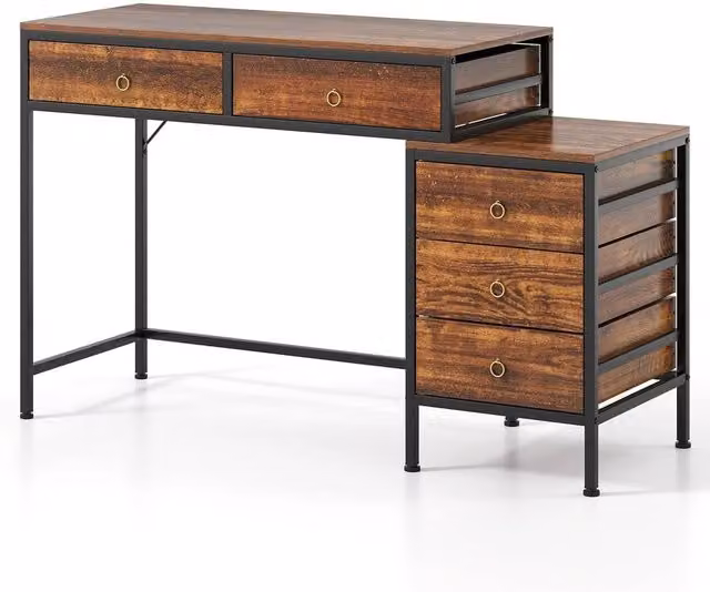 Havendro Industrial Wood Computer Desk with 5 Drawers in Brown and Black