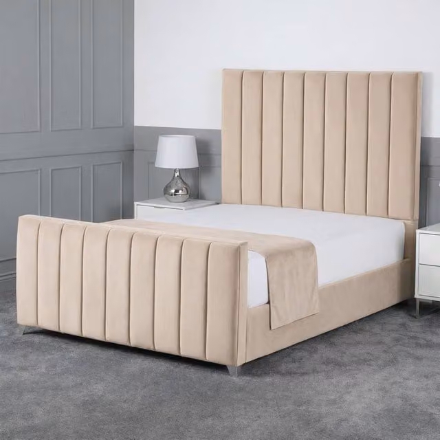 Living Comfort Bedz Empress Super King Upholstered Velvet Gas Lift Storage Bed with 48 Inch Headboard in Beige