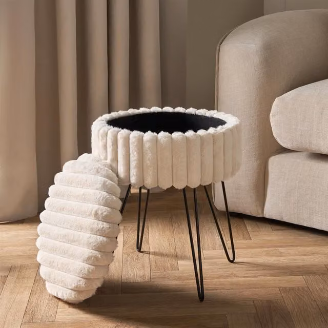 OHS Ribbed Faux Fur Vanity Stool and Storage Ottoman with Metal Hairpin Legs in Cream