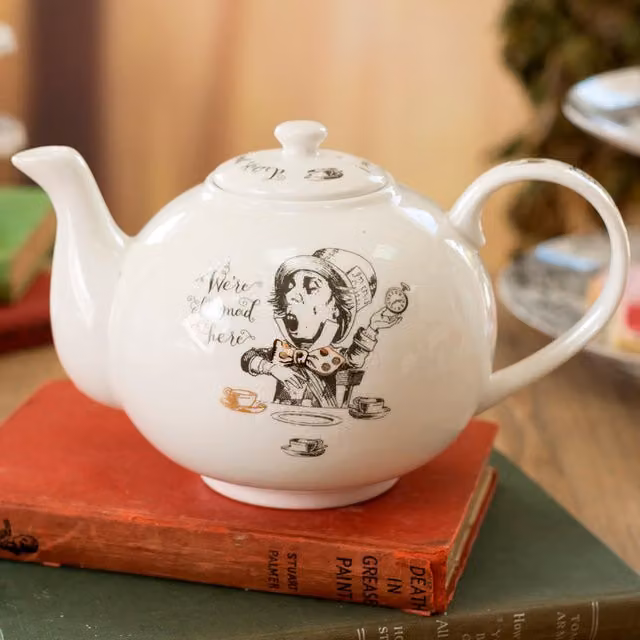 Victoria And Albert Alice In Wonderland Large Bone China Teapot in White, Black and Gold