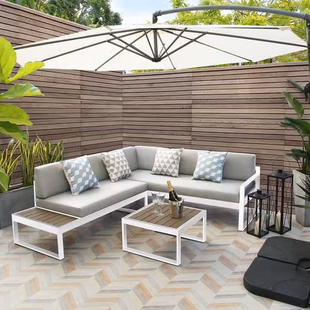 Home Garden Direct Maia Interchangeable Modular L-Shape Sofa Set in White and Grey with Outdoor Coffee Table and UV-Resistant Cushions
