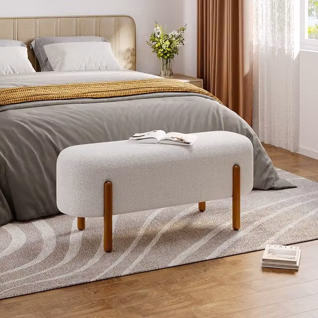 Livingandhome Modern Beige Fabric Upholstered Bench with Wooden Legs