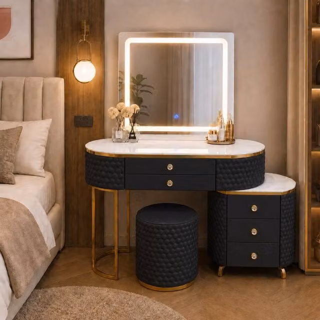 MN Furniture Modern Luxury Dressing Table with LED Mirror, Stool and Cabinet in Black, Width: 130 cm – 1