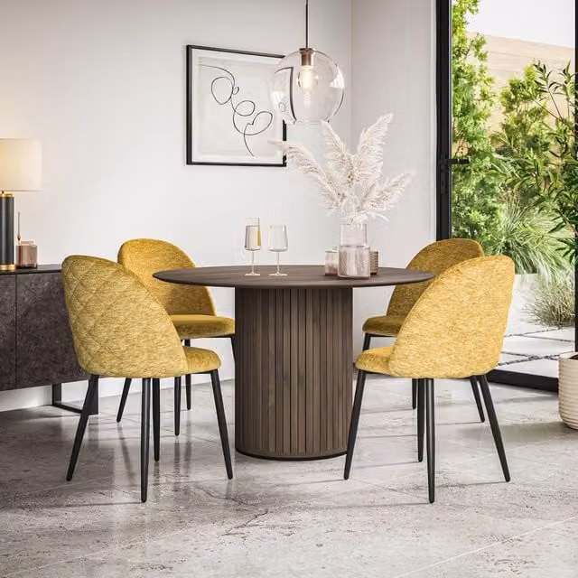 More4Homes Arlo Walnut Round Dining Table and Raye Mustard Velvet Dining Chairs Set of 4, W/D/H: 120 x 120 x 75 cm – 1