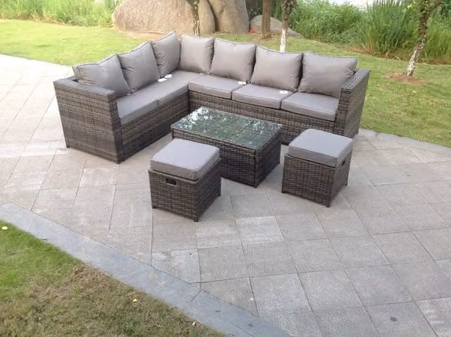 Fimous 8 Seater Grey Rattan Corner Sofa Set with Oblong Coffee Table for Garden and Patio