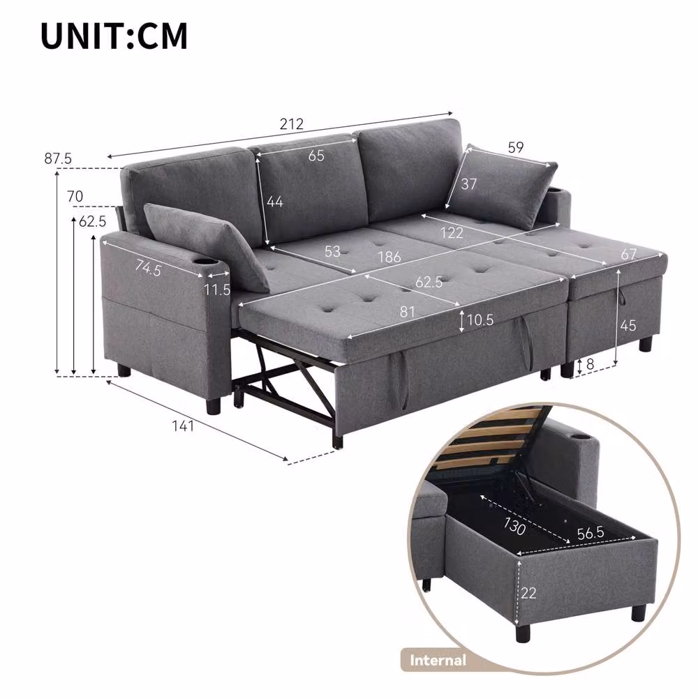 STILVORA Grey Fabric L-Shape Sofa Bed with Cup Holders and Storage, W/D/H: 212.0 x 140 x 87.5 cm – 3