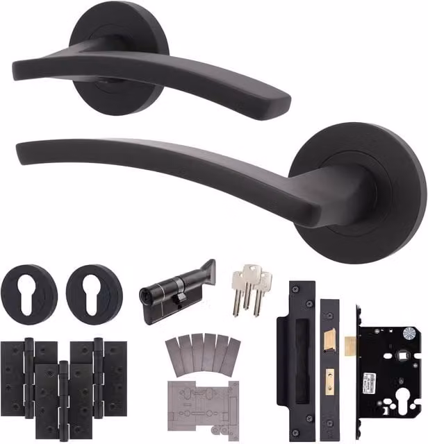 AFIT Black Fire Door Handle, Euro Lock Thumbturn Cylinder Set and Hinges, W/D/H: 15 x 15 x 15 cm – 1