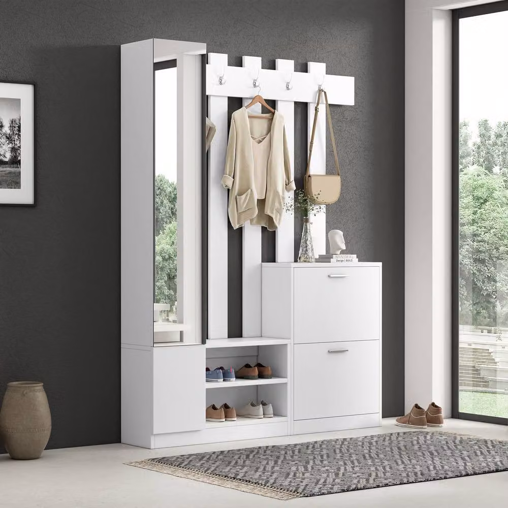Rolipo 5-in-1 Modern White Hall Tree with Mirror and Shoe Storage Bench – 4
