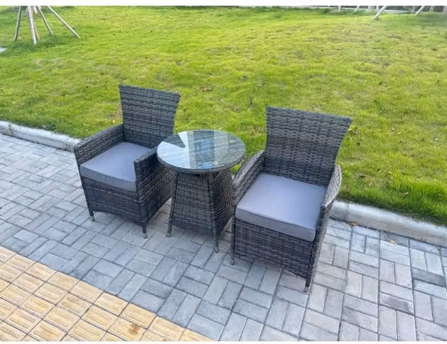 Fimous 3-Piece PE Rattan Garden Bistro Set in Dark Grey with Metal and Glass Details