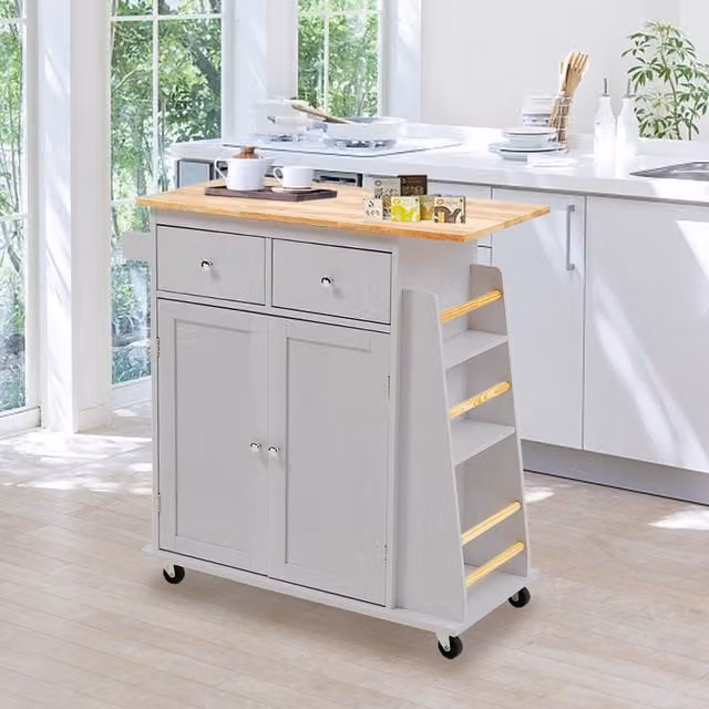 Livingandhome Grey Kitchen Island Serving Trolley and Storage Rack with Rubberwood and Metal