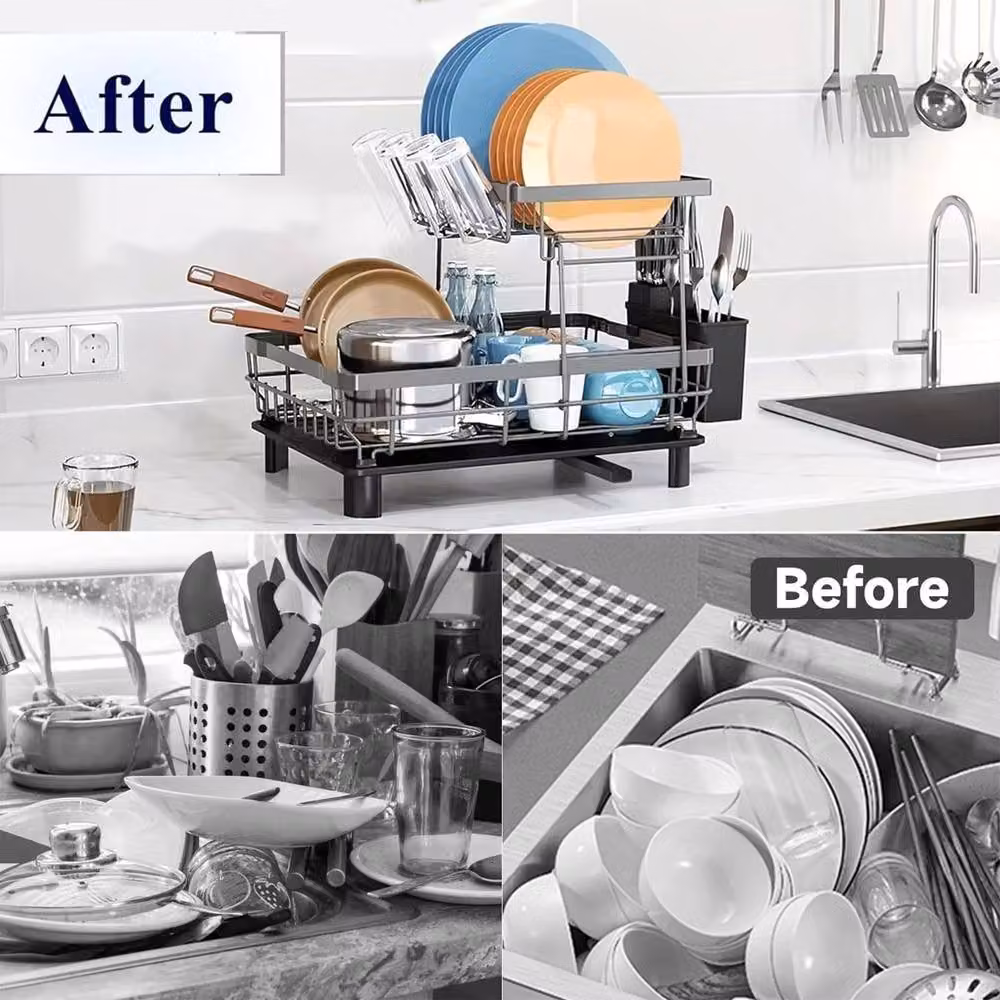 ATEK 2 Tier Black Stainless Steel Kitchen Dish Drainer Rack with Cutlery Holder and Drip Tray – 5