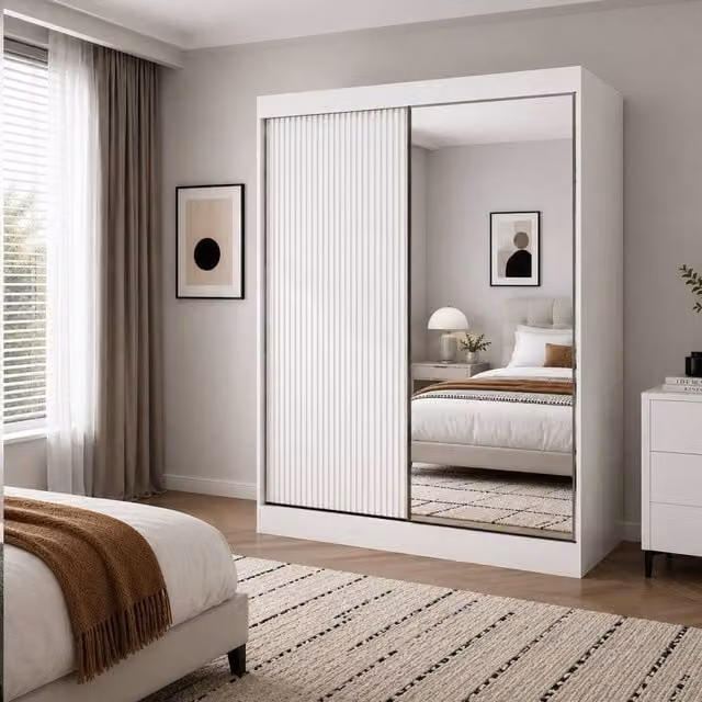 KDMD Kensington Modern White Sliding Wardrobe with Mirror and Fluted Doors, W/D/H: 200 x 62 x 220 cm – 1