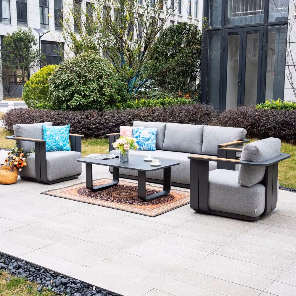 MIMO Garden 5-Seater Grey Aluminum Garden Sofa Set with Teak Armrests and Coffee Table – 2