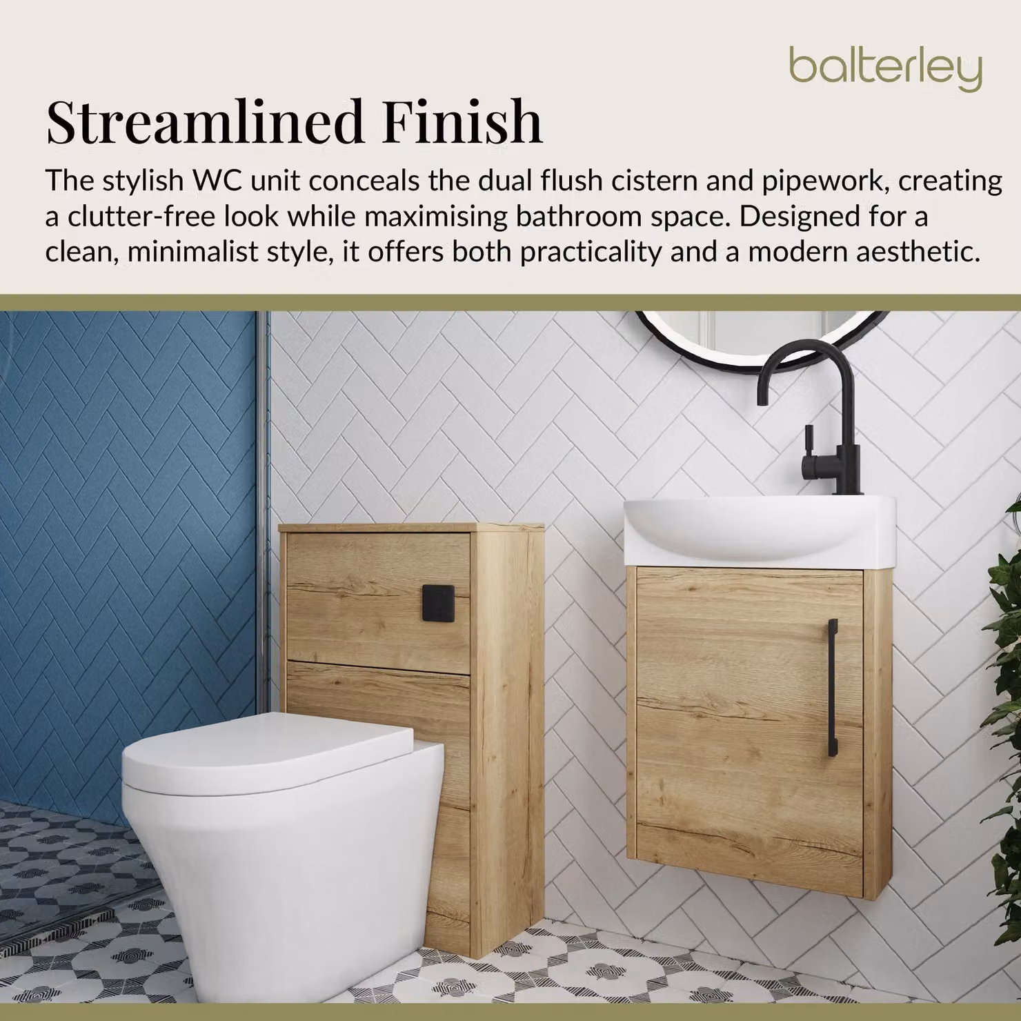 Balterley Modern Left Hand Cloakroom Suite with Vanity, WC, Toilet and Tap Set in Oak, Black and Grey, 440mm – 3