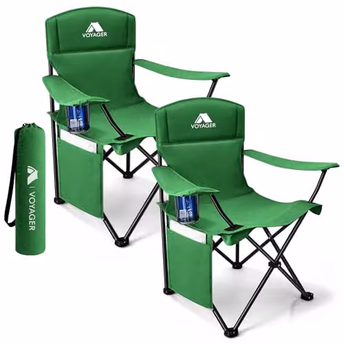 Voyager 2 Pack Folding Camping Chairs with Cooler Bag in Black and Green