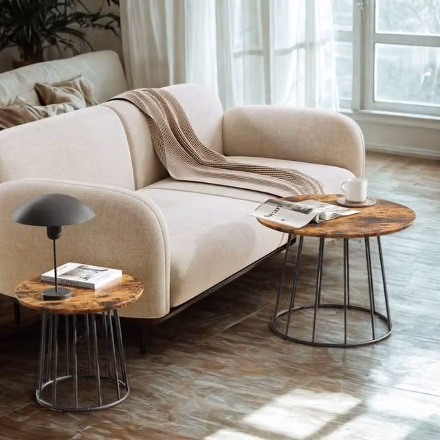 Pirlo Plush Set of 2 Industrial Round Coffee Centre Accent Tables in Brown