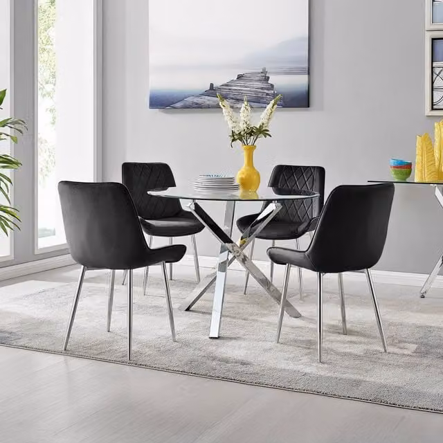 FurnitureboxUK Selina Round Black Glass Dining Table with Four Pesaro Silver Leg Chairs